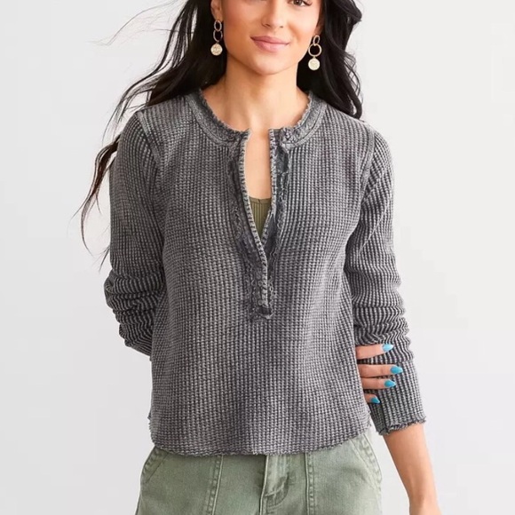 Free People FP ONE thermal long sleeve one colt gray black distressed buttonNWT - Picture 8 of 9